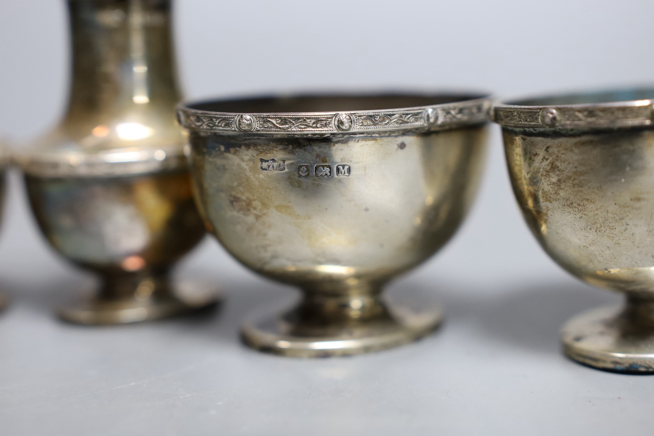 A 1930's silver six piece condiment set, Birmingham, 1936.